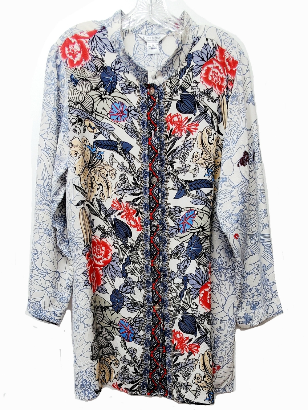 Vintage CITRON Santa Monica Floral 100% Silk Fukure Textured Tunic Top Size 1X